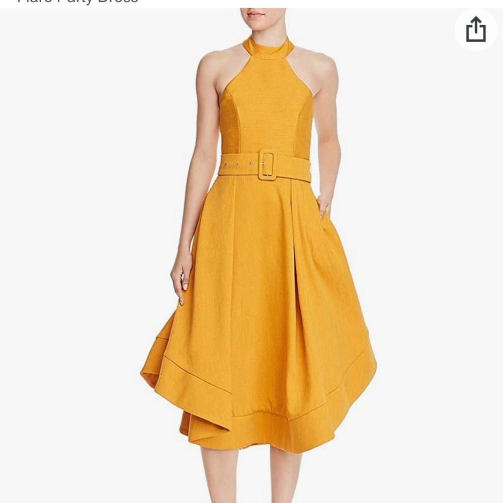 C/Meo Collective Mustard Yellow Confirmative Halter Dress Belted Hi Low Midi S